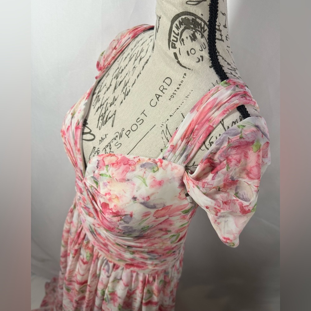 💐 💜Omari  Abstract Watercolor Floral A-Line Chiffon Dress💐 - Picture 5 of 11